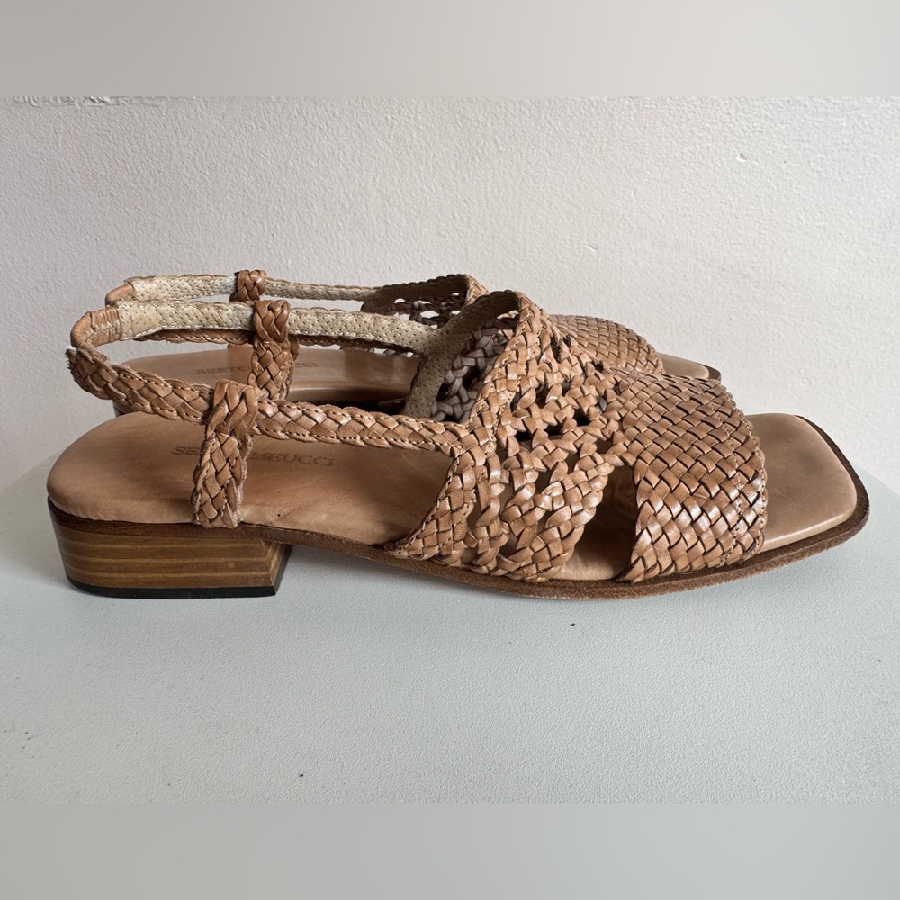 Sesto Meucci Ohanna Camel Woven Leather Slingback Sandals 7.5 Made in Italy